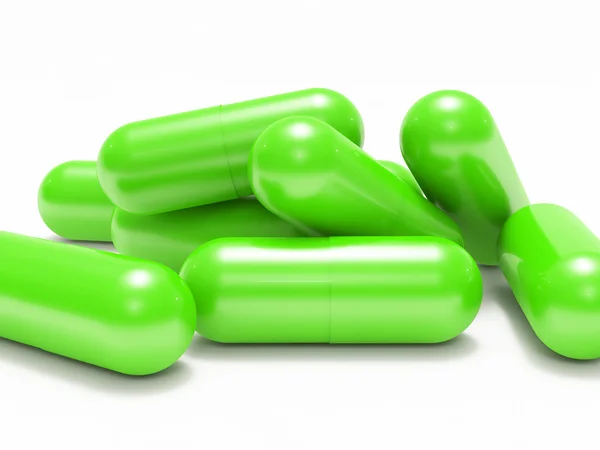 Wiele błyszczący zielony medycznych pigułki (kapsułki) — Zdjęcie stockowe