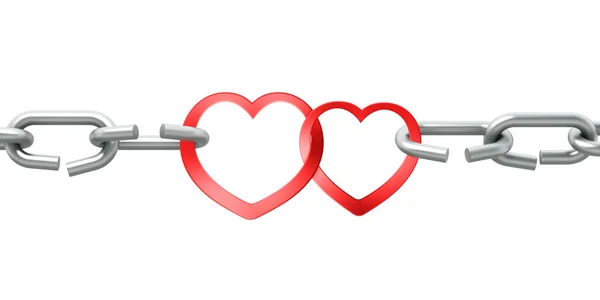 Ocelový řetěz s dvěma připojil červené srdce — Stock fotografie
