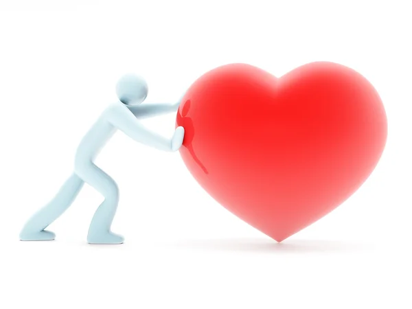 Man figure pushing beautiful red heart — Stock Photo, Image