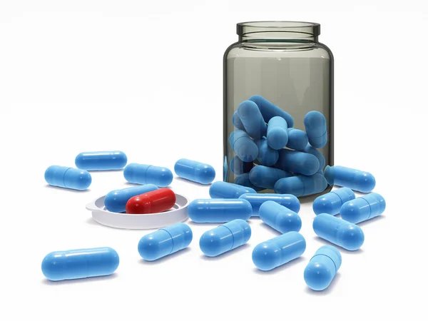Pílulas azuis e vermelhas em frasco médico com tampa — Fotografia de Stock
