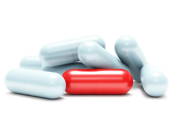 Vele witte en een rode glanzende pillen (medische capsule) — Stockfoto