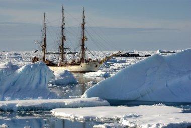 Sailing ship among the icebergs clipart