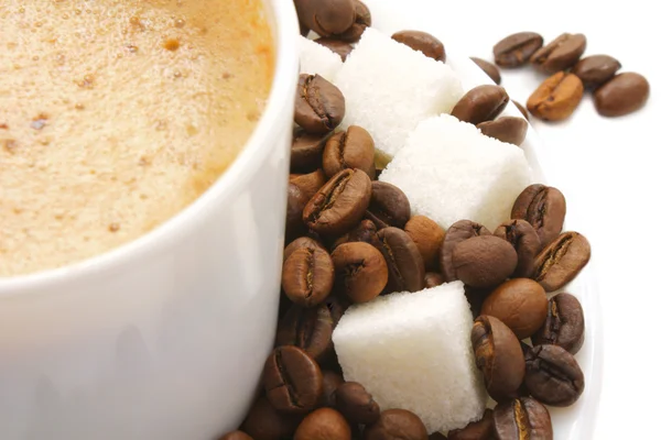 Cup coffee ,sugar and coffee-beans. — Stock Photo, Image