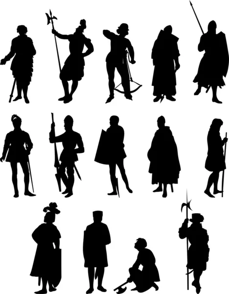 Conjunto de catorce siluetas de caballero y figura medieval — Archivo Imágenes Vectoriales
