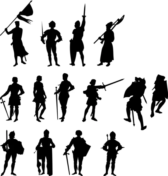 Quatorze cavaleiros e silhuetas de figuras medievais - Conjunto Dois —  Vetores de Stock