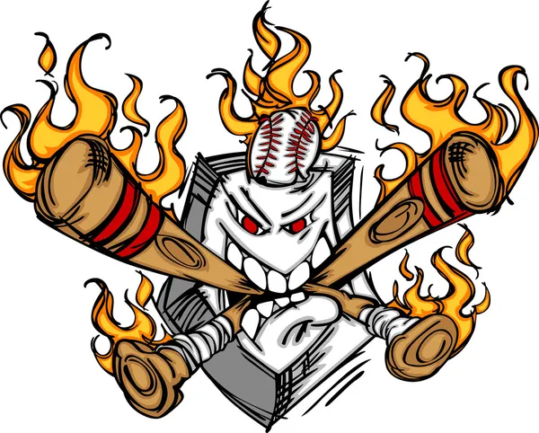 Softball Baseball Plate and Bats Flaming Cartoon Logo — Stock Vector