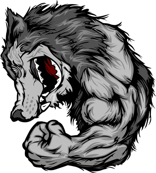 Lobo mascota flexión brazo vector dibujos animados — Archivo Imágenes Vectoriales