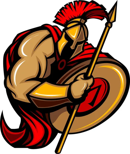 Espartano Trojan Mascote Vector Cartoon com Lança e Escudo —  Vetores de Stock