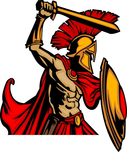 Cuerpo de mascota troyano con espada y escudo Vector Ilustración — Vector de stock