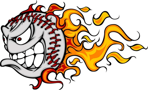 Flaming Béisbol o Softbol Cara Vector Dibujos Animados — Vector de stock
