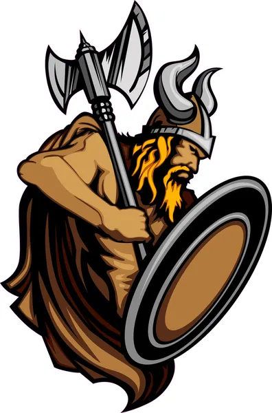 Viking norseman maskot stojící s ax a štít vektorový obrázek — Stockový vektor