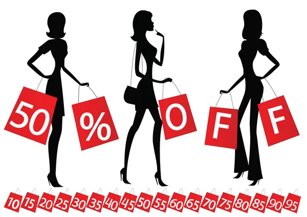 Γυναίκες με επιγραφή «50% off"για τους τσάντες για ψώνια. — Διανυσματικό Αρχείο