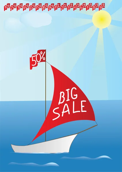Loď se slovy "velký prodej" na její plachtě a prodej v procentech . — Stockový vektor