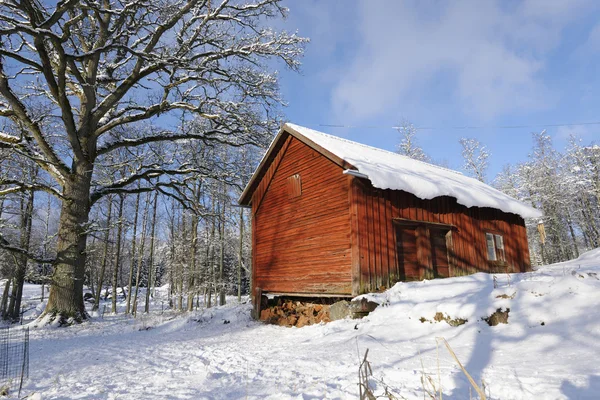 Red barn, kış ve kar — Stok fotoğraf