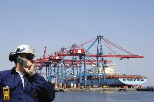 Рабочий и контейнерный порт — стоковое фото