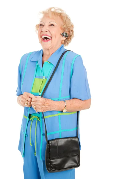 Сотовый телефон пожилой женщины - смех — стоковое фото