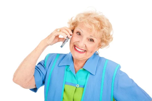 Gelukkig senior dame op cellphone — Stockfoto