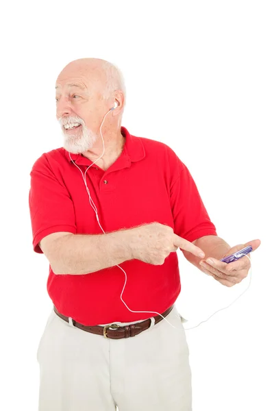 Senior Man animado sobre MP3 Player — Fotografia de Stock