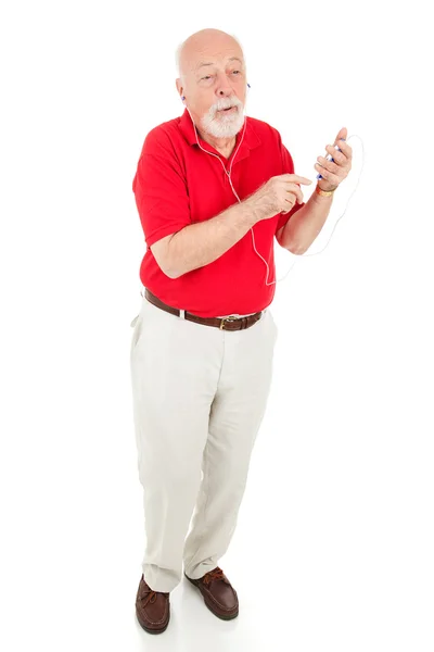 Idősebb ember, mp3-lejátszó - teljes test — Stock Fotó