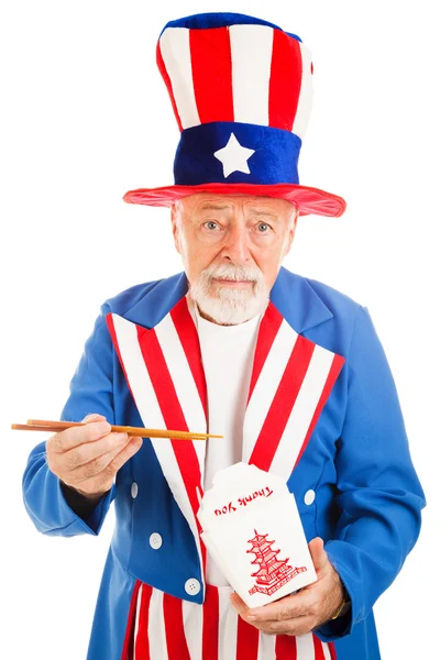 Uncle sam eet Chinees takeout — Stockfoto