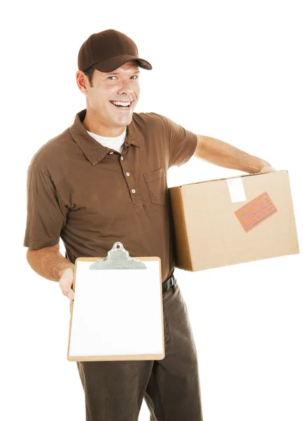 Homem de entrega com área de transferência — Fotografia de Stock