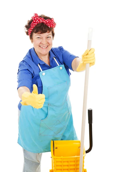 Empregada dá polegares para a limpeza — Fotografia de Stock