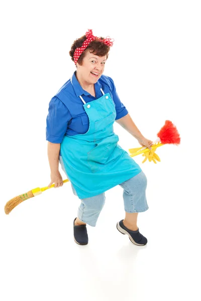 Housekeeper Riding Broom — Stock Photo, Image