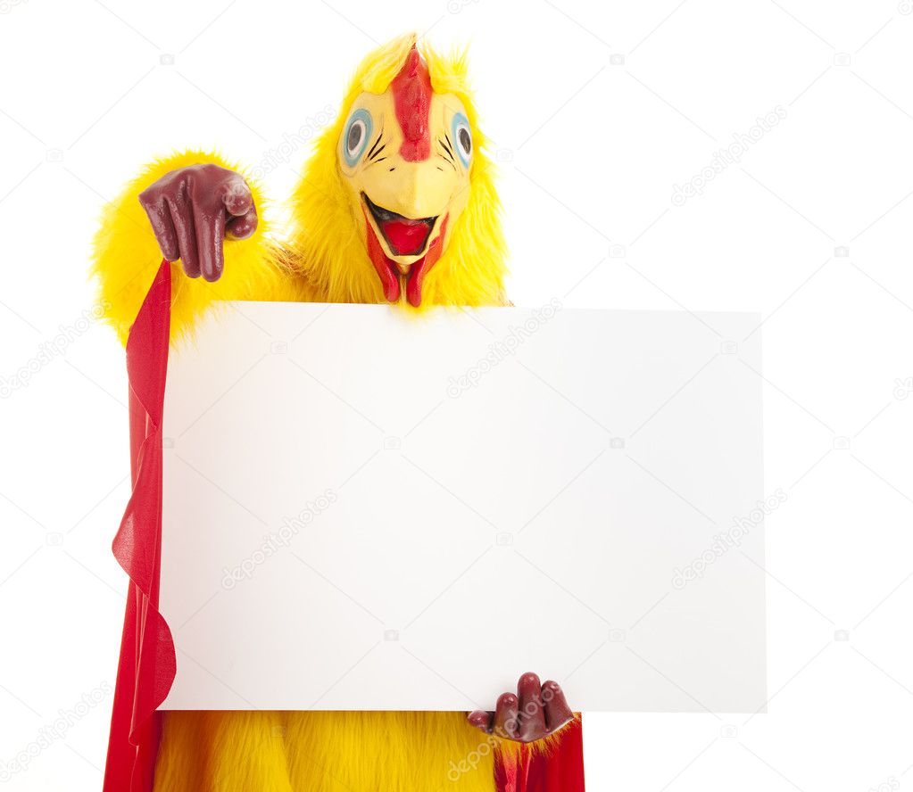 Chicken Man Points with Sign