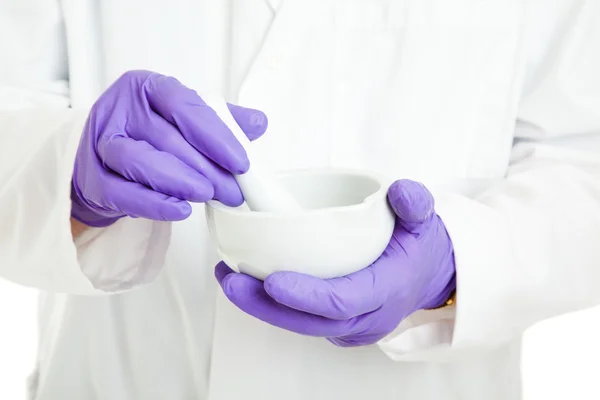 Pharmacist or Scientist with Mortar and Pestle — Stock Photo, Image