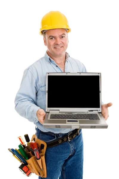 Construction Worker Friendly & Laptop — Stock Photo, Image