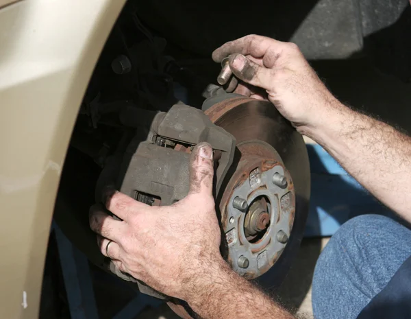 Mechanic Hands On Brakes — Stock Photo, Image