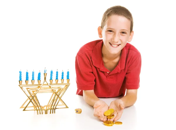 Αγόρι Hanukkah κρατώντας gelt — Φωτογραφία Αρχείου