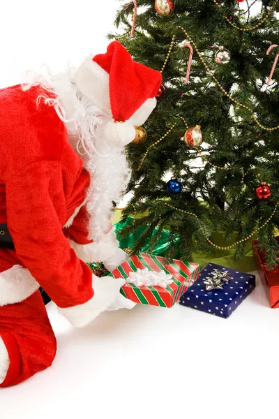 Santa sätter presenter under granen — Stockfoto