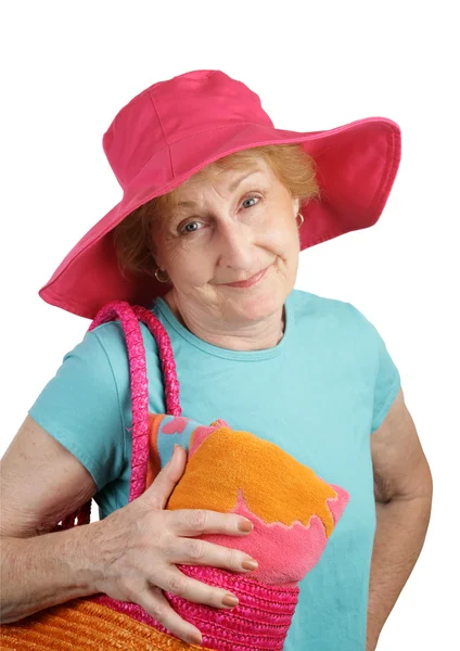 Lata starszy - różowy kapelusz — Zdjęcie stockowe