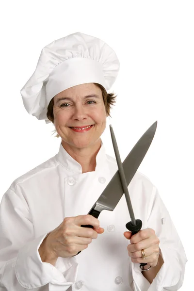 Friendly Chef Sharpens Knife — Stock Photo, Image