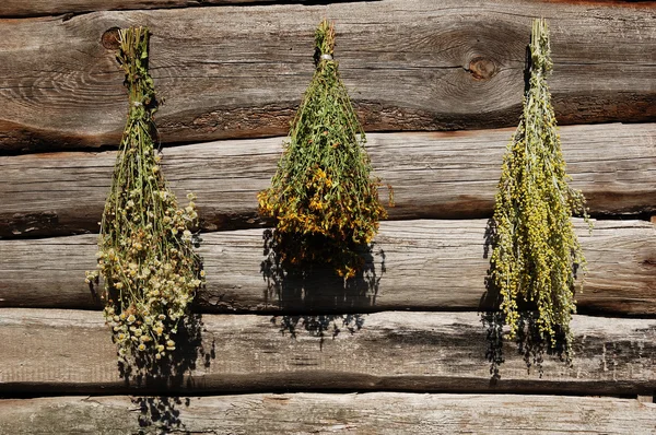 Drying herbs on a wooden background. — Stock Photo, Image