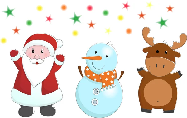 Conjunto vetorial de personagens de Natal como veado, boneco de neve e Papai Noel — Vetor de Stock