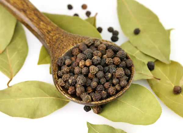 Black pepper and bay leaves — Stock Photo, Image