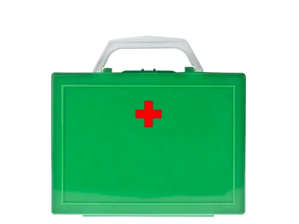 Caja verde botiquín de primeros auxilios sobre fondo blanco — Foto de Stock
