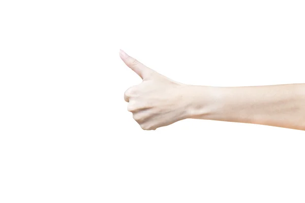Mãos mostrando polegares sinal de varredura contra fundo branco — Fotografia de Stock