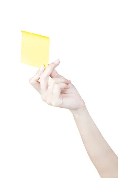 Hand and Post-it isolated on white — Stock Photo, Image