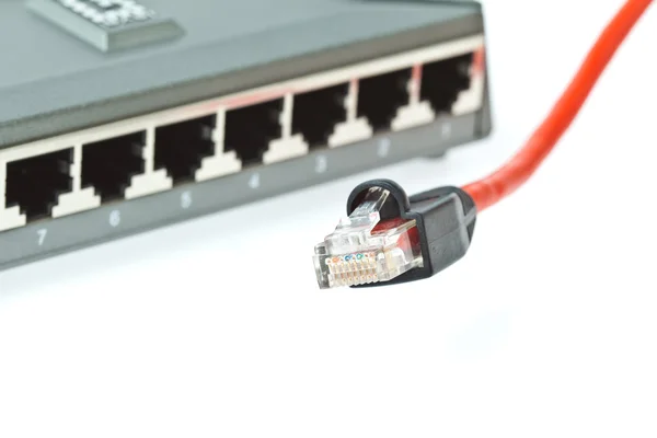 Cavi LAN per computer con router su sfondo bianco — Foto Stock