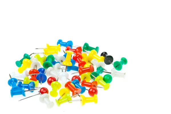 Isolated colorful pushpins focus at yellow — Stock Photo, Image