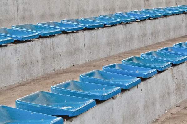 Plástico velho assentos azuis no estádio — Fotografia de Stock