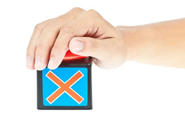 Empurre a mão em botton vermelho — Fotografia de Stock