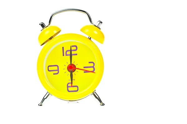 Relógio, relógio amarelo, mostrando nove horas, isolado — Fotografia de Stock