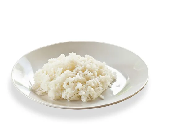 Mâncare thailandeză, orez de iasomie gătit pe farfurie, pe fundal alb — Fotografie, imagine de stoc