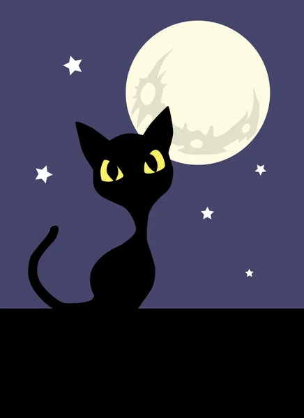 Gato preto e lua cheia — Vetor de Stock