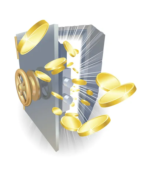 Χρηματοκιβώτιο με χρυσά νομίσματα που φέρουν έξω — Διανυσματικό Αρχείο