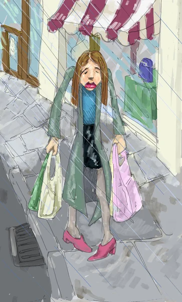 Yağmur çizimde alışveriş — Stok fotoğraf